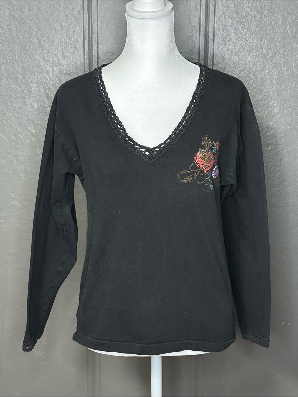 Harley Davidson Black V-Neck Long Sleeve Shirt 90s Vintage
